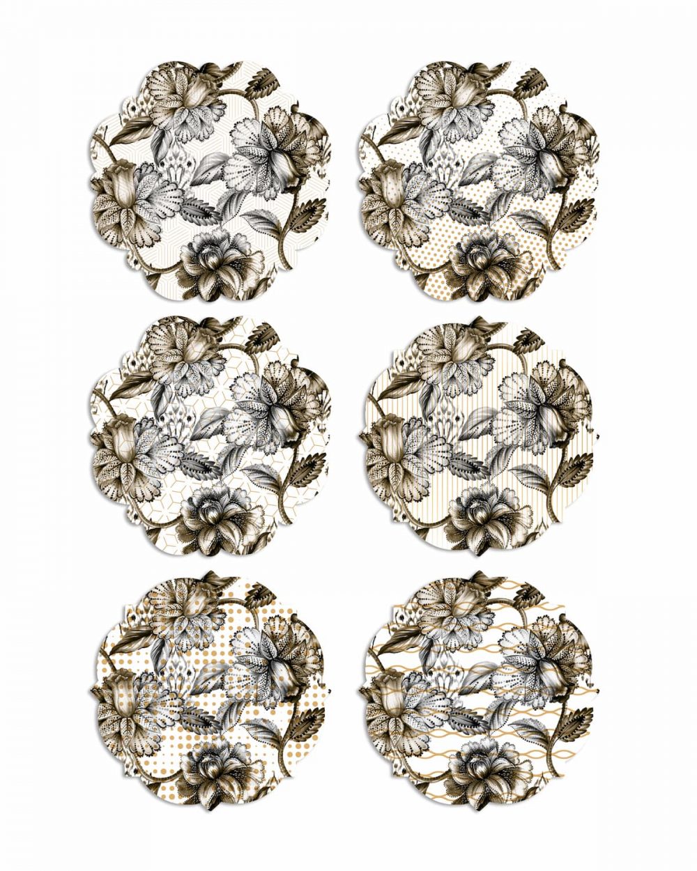 Set tovagliette tonde pixie fiori oro argento