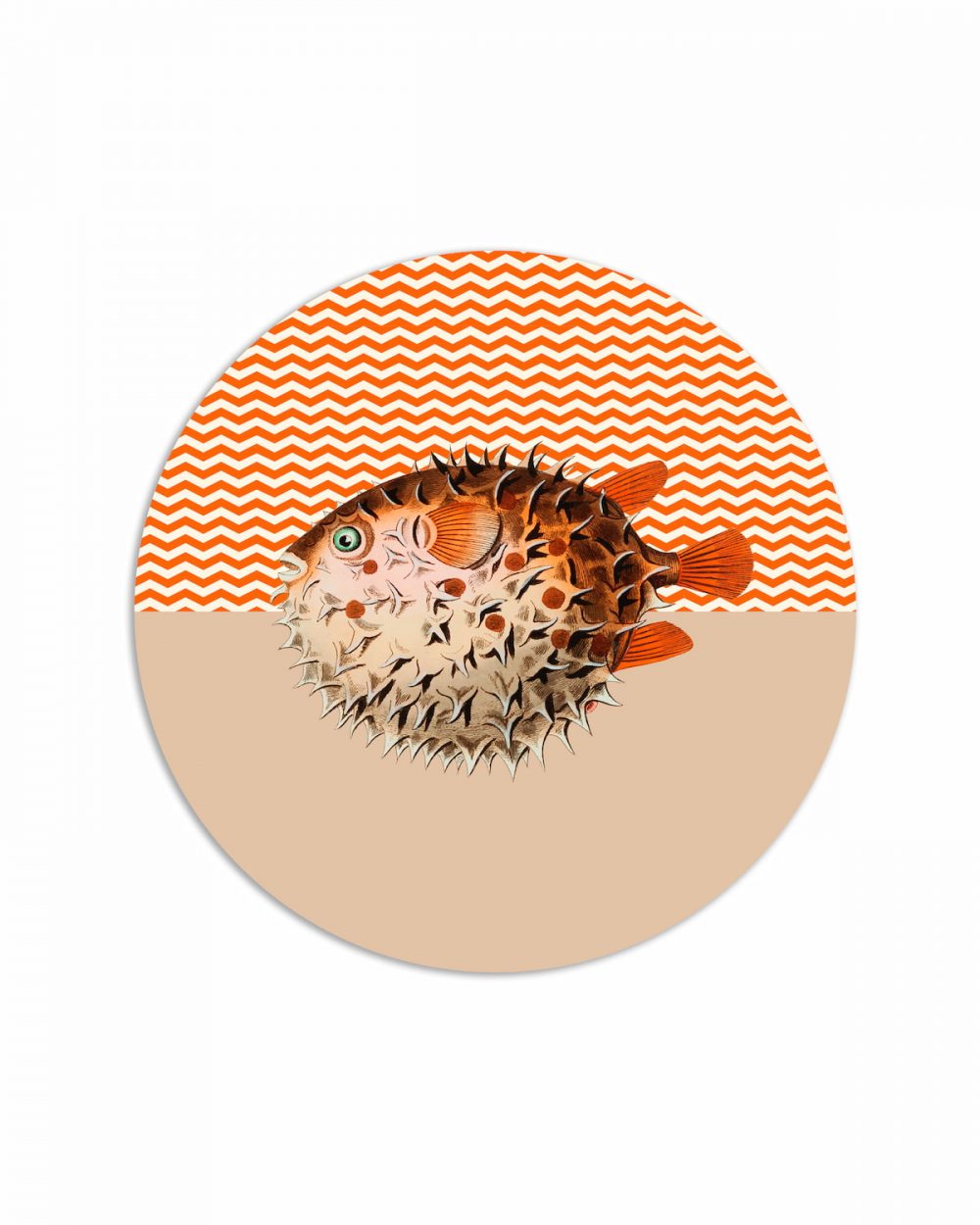 tovaglietta tonda pesce palla grafica zig zag bianca e arancione