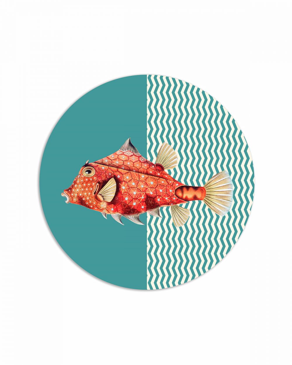 tovaglietta tonda pesce rosso scorfano su grafica a zigzag azzurro e bianco