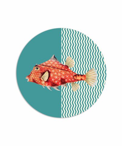 tovaglietta tonda pesce rosso scorfano su grafica a zigzag azzurro e bianco